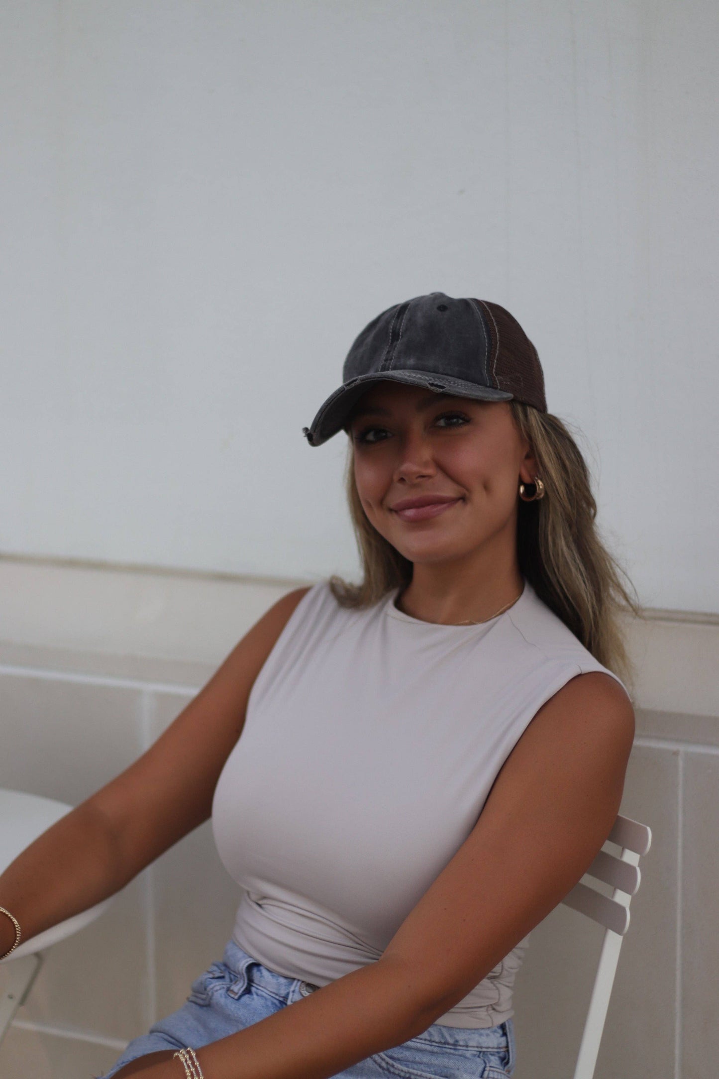 American Flag & Criss Patch Black Hat with Brown Mesh