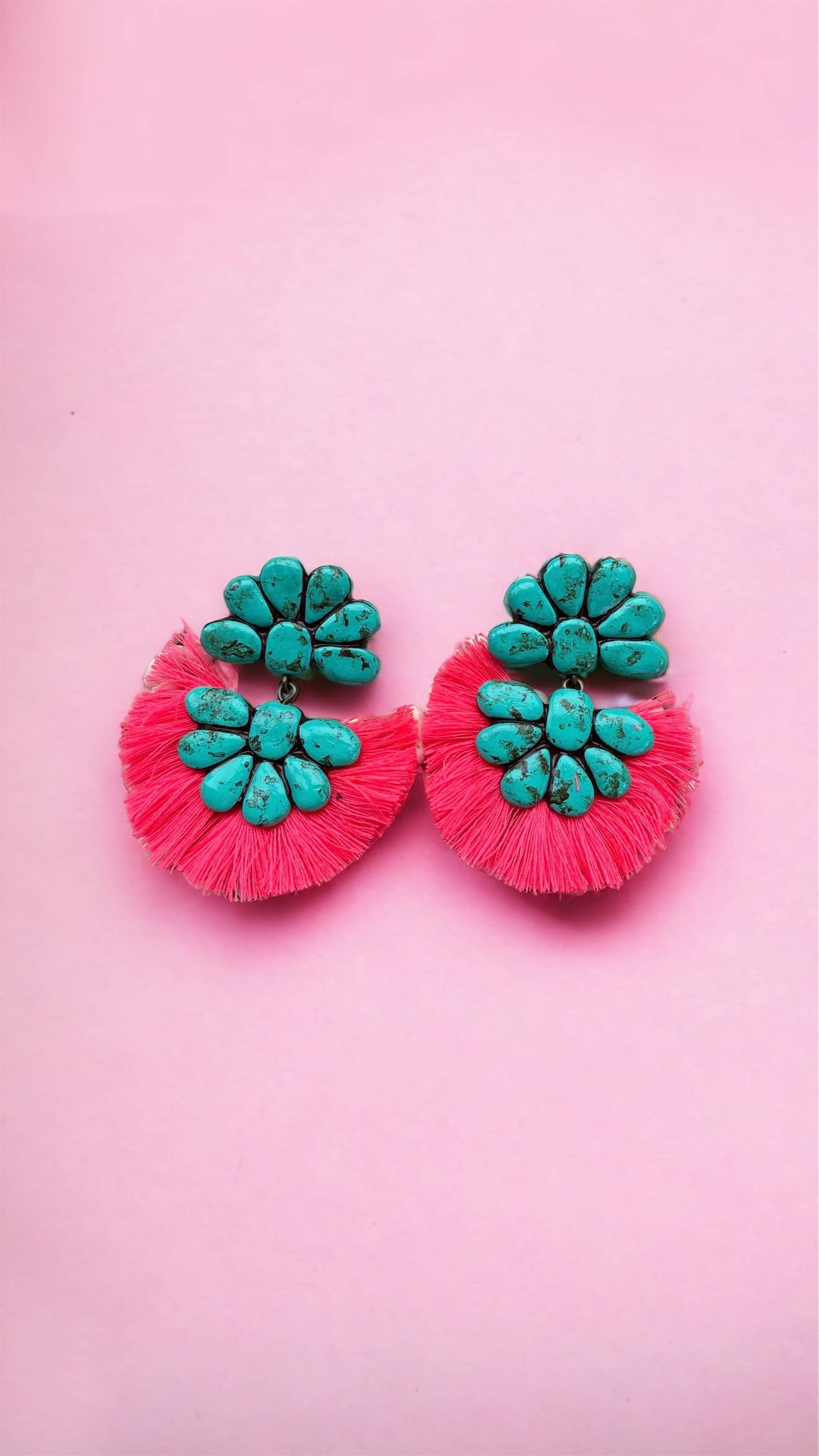 The Abbigails - Turquoise Stone With Neon Pink Fringe Western Handmade Clay