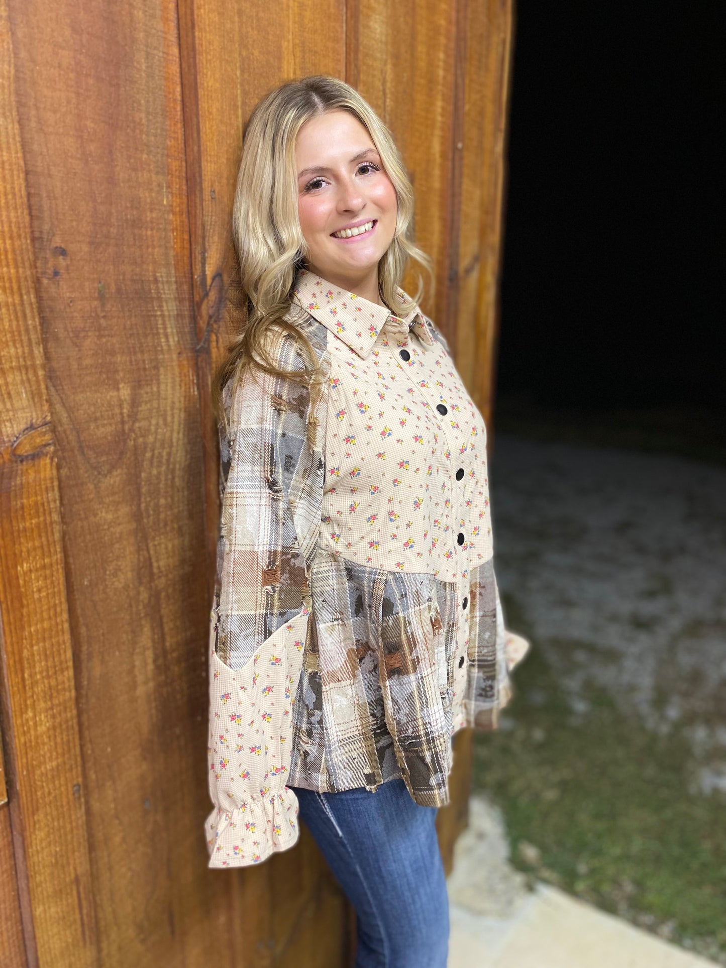 The Ruth Boho Button Up Floral & Plaid Patch Work Blouse