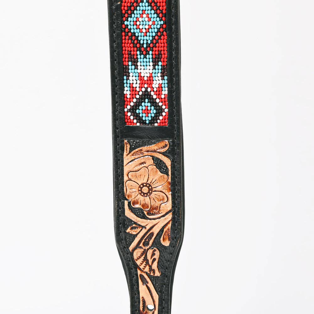 Beaded Hand Tooled Strong Genuine Leather Dog Collar Black