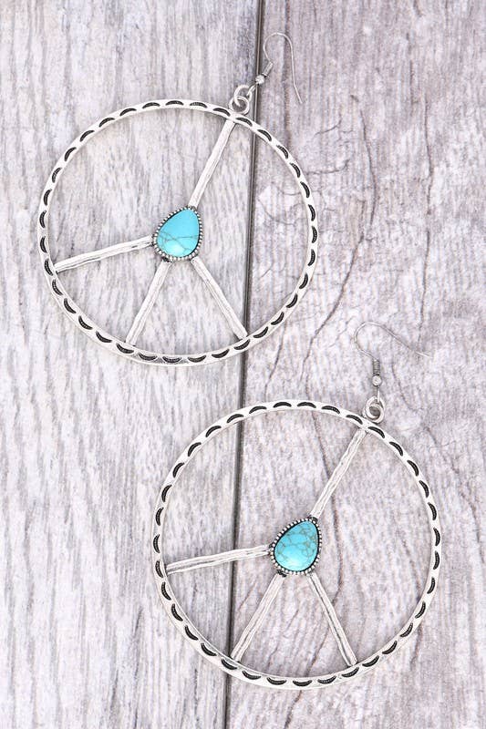 WESTERN TURQUOISE PEACE SIGN OPEN CIRCLE EARRINGS