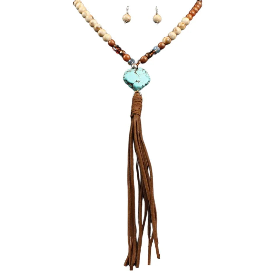 roxx necklace earrings set turquoise jewlery western rodeo boho leather fringe tassel