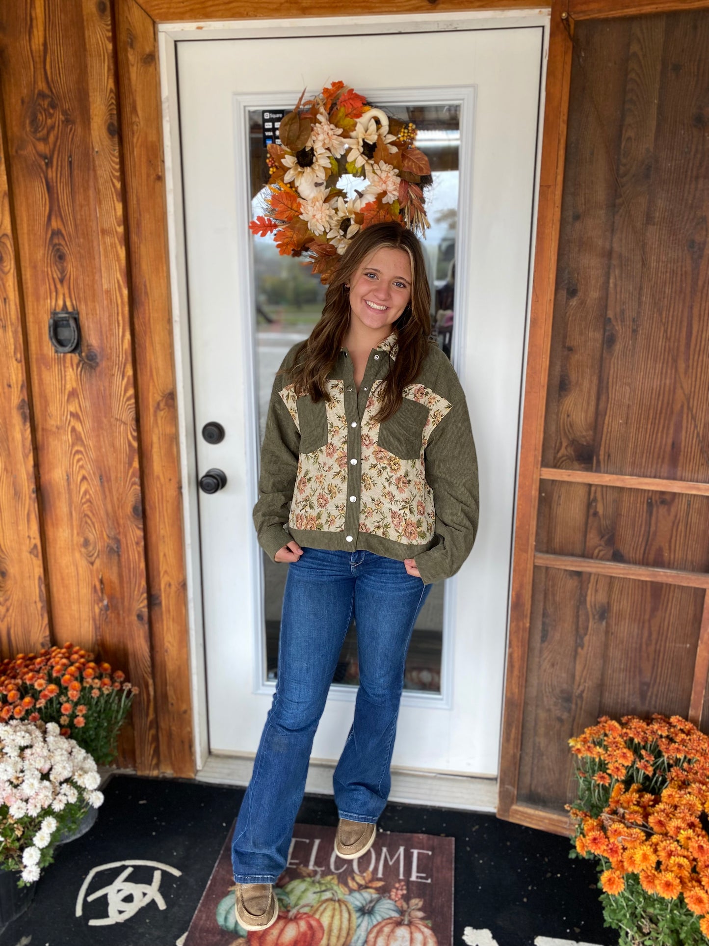 Floral Patchwork Ribbed Corduroy Shirt Jacket