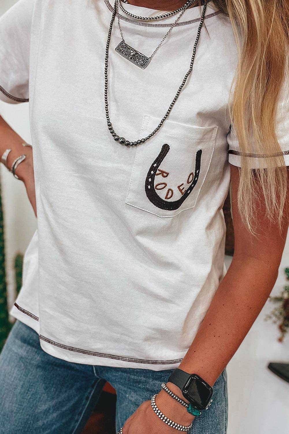 White Classic RODEO Western Patch Pocket T-Shirt