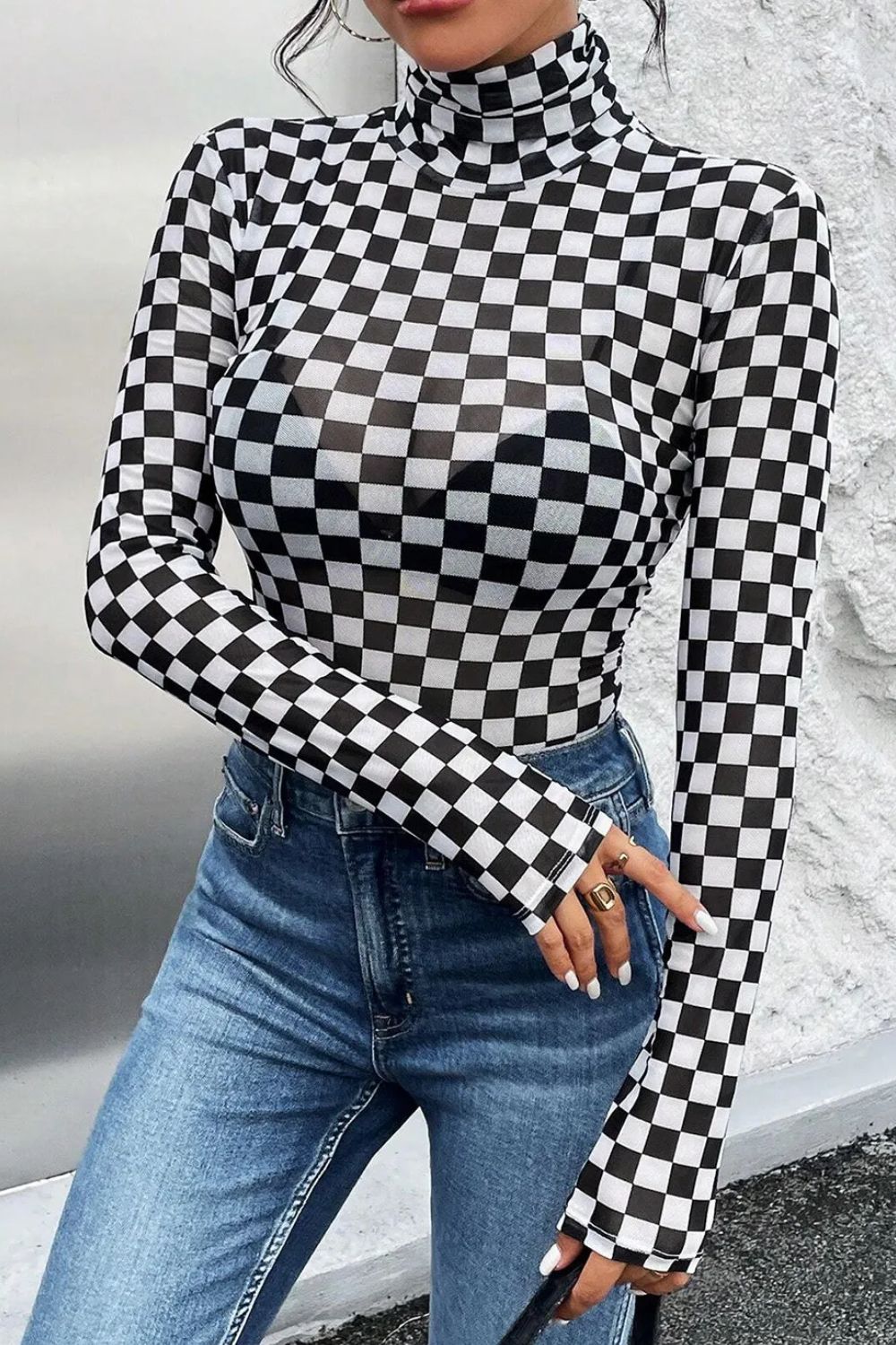 Race Me Baby Checkered Turtleneck Long Sleeve Bodysuit