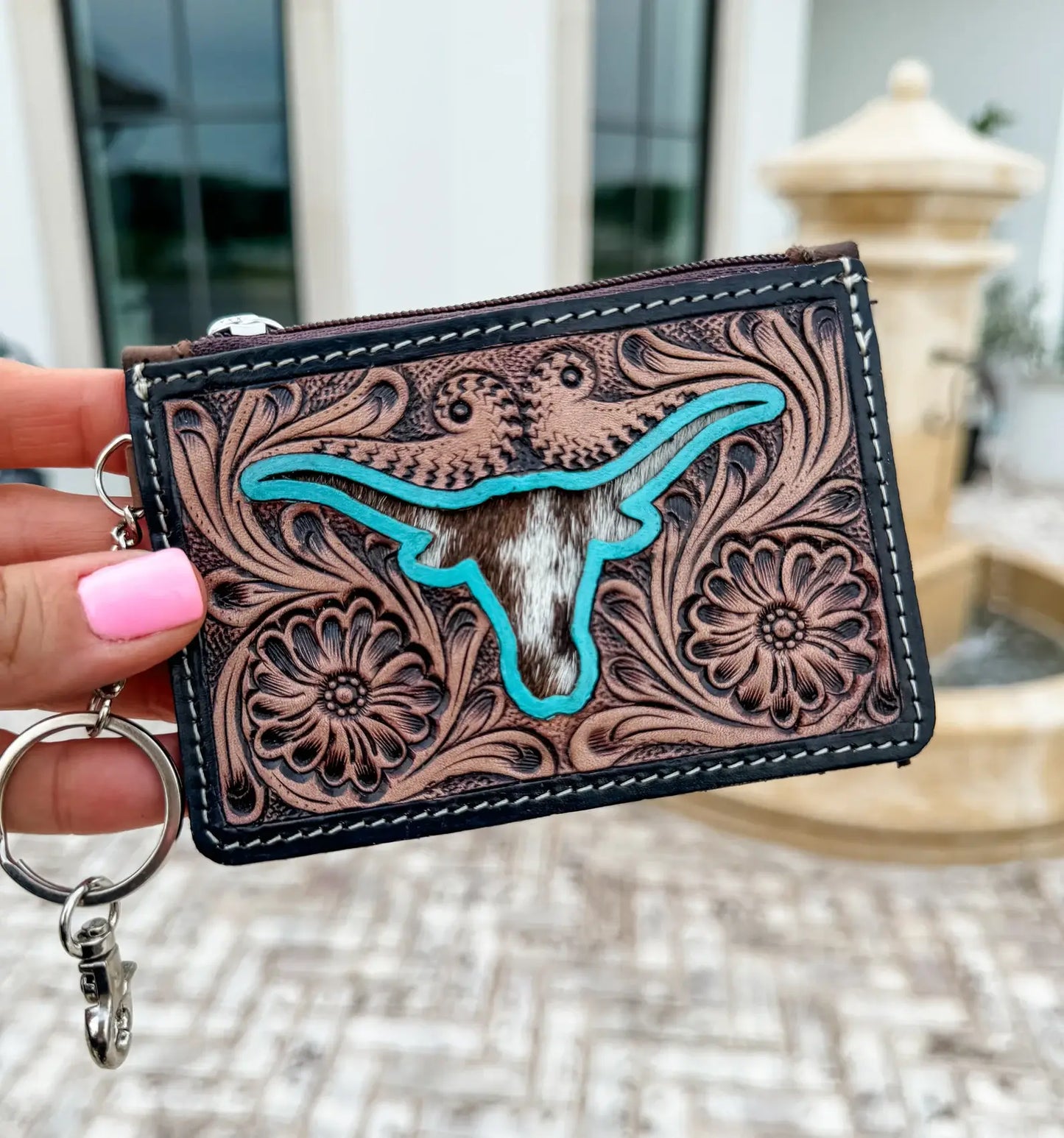 Western Cowhide Leather Keychain Wallet Longhorn Thunderbird