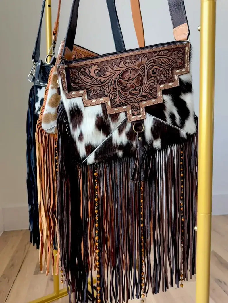 DIXIE CROSSBODY Cowhide Western Tooled Leather Fringe Purse