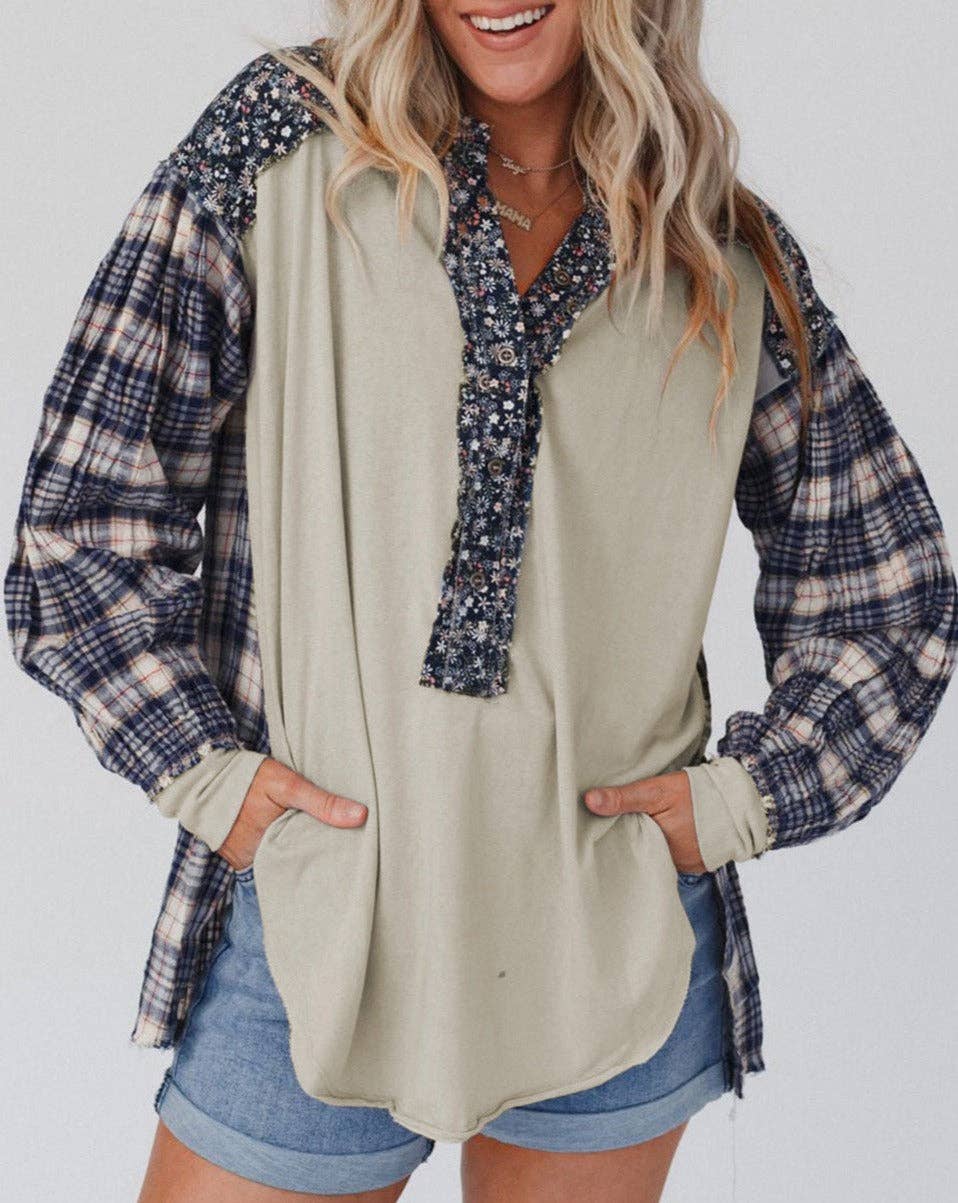 Jessie Floral Plaid Patchwork Raw Edge Top 