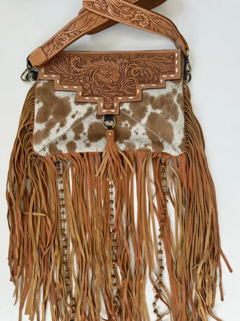 DIXIE CROSSBODY Cowhide Western Tooled Leather Fringe Purse
