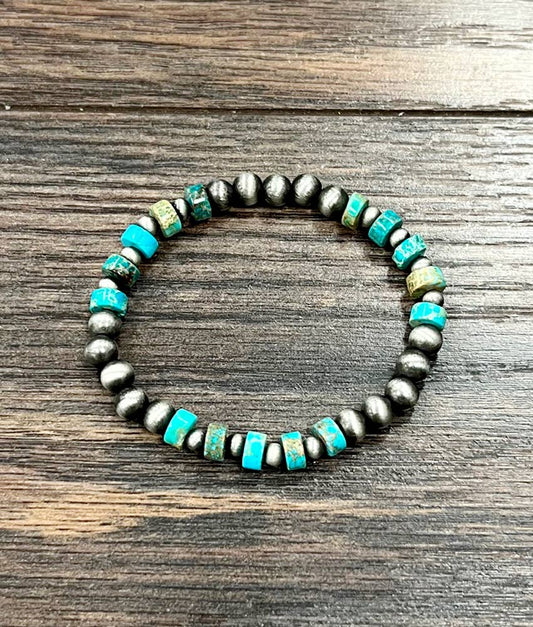 Handmade 6mm Gemstone Stretch Bracelet Turquoise & Navajo Pearls