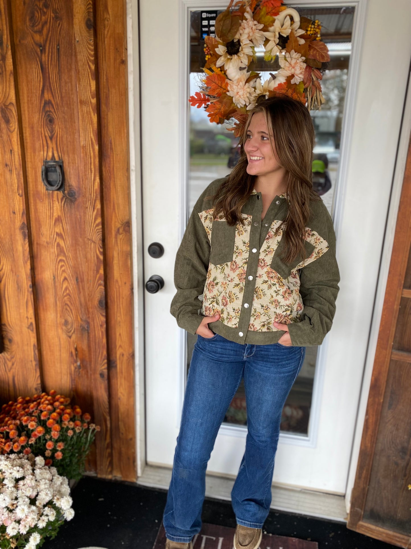 Floral Patchwork Ribbed Corduroy Shirt Jacket