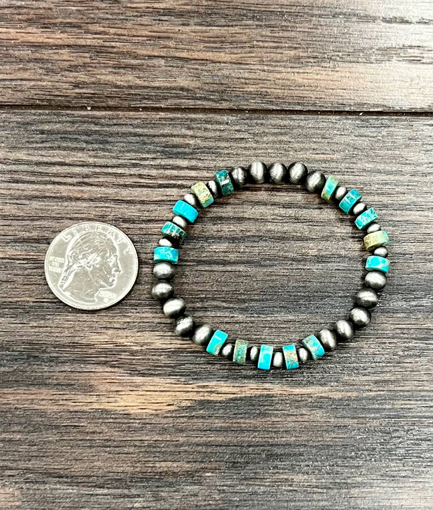 Handmade 6mm Gemstone Stretch Bracelet Turquoise & Navajo Pearls