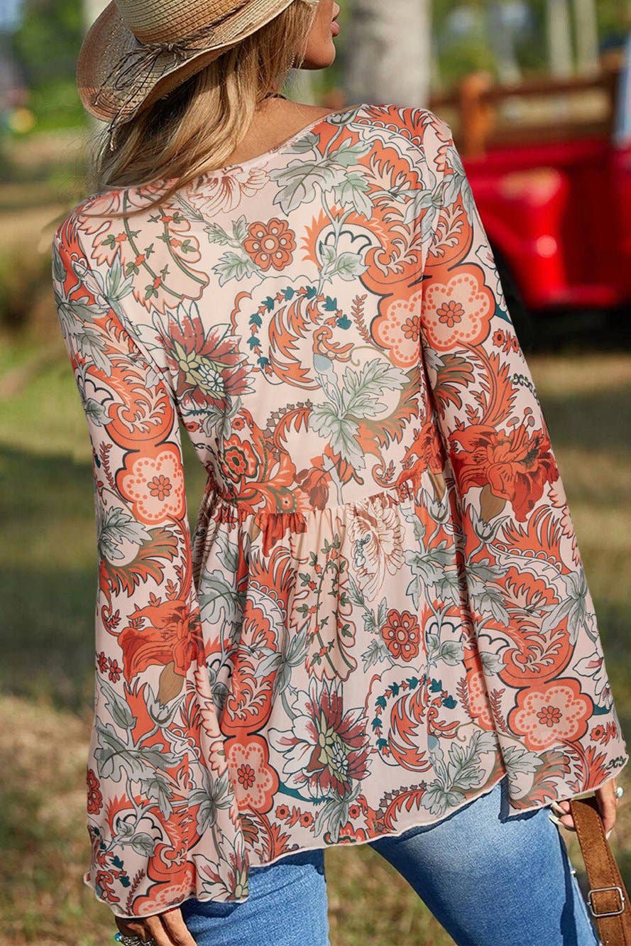 Loretta Floral Bell Sleeve V-Neck Blouse