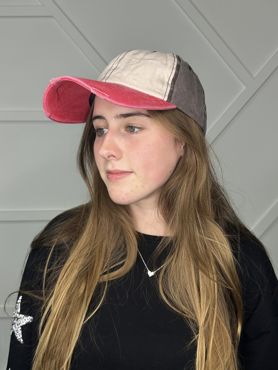 WALKING HORSE Distressed Tan, Brown and Coral Cap