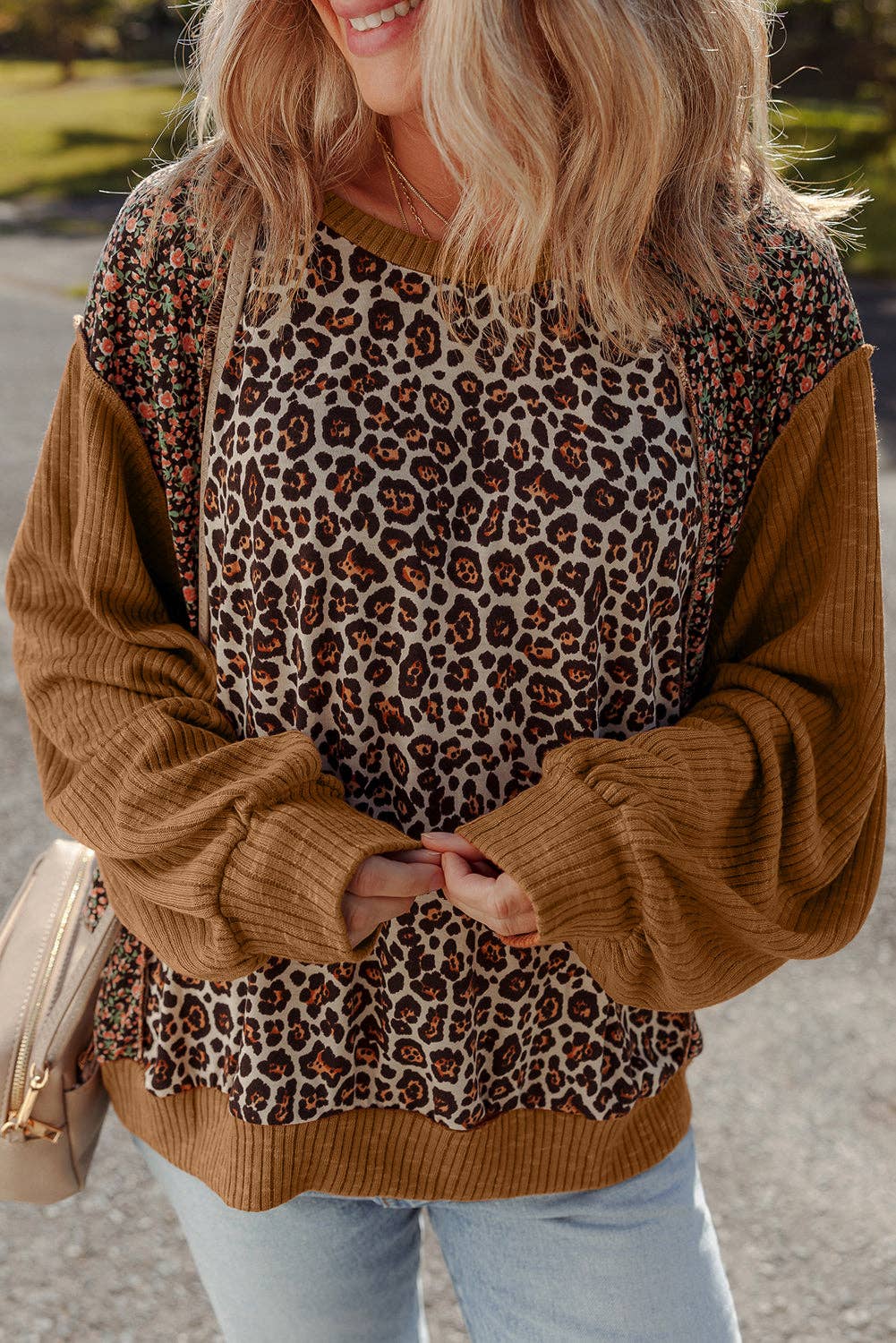 Leopard Floral Patchwork Ribbed Puff Sleeve Top