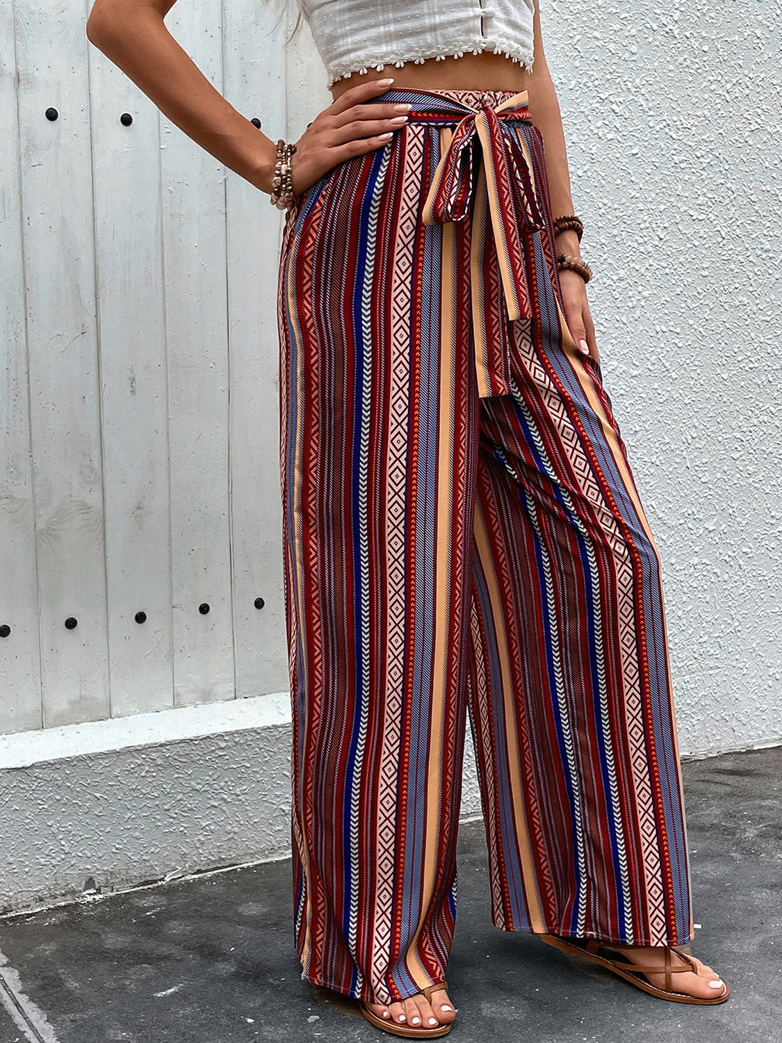 Boho Bae Tied Geometric Wide Leg Pants