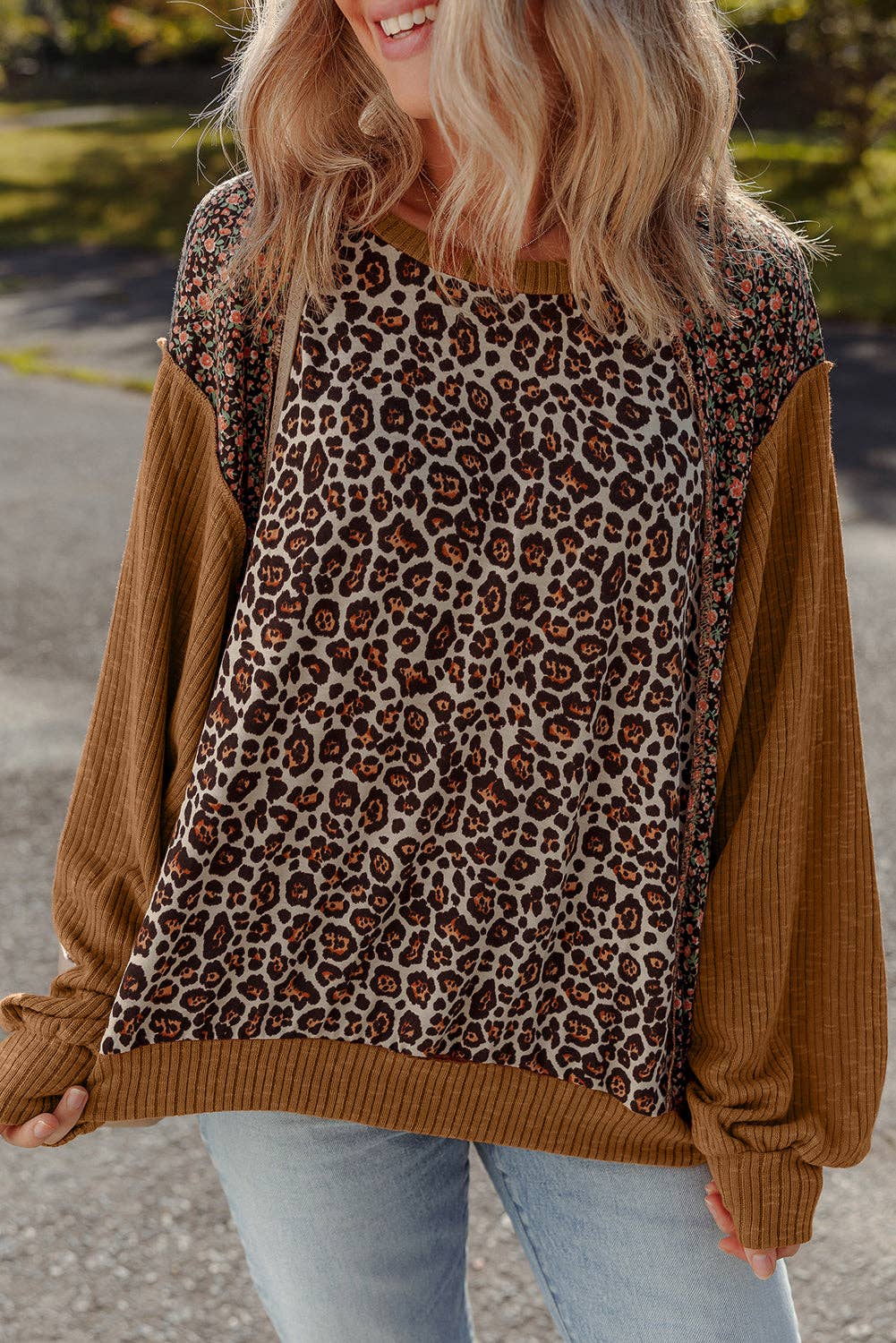 Leopard Floral Patchwork Ribbed Puff Sleeve Top