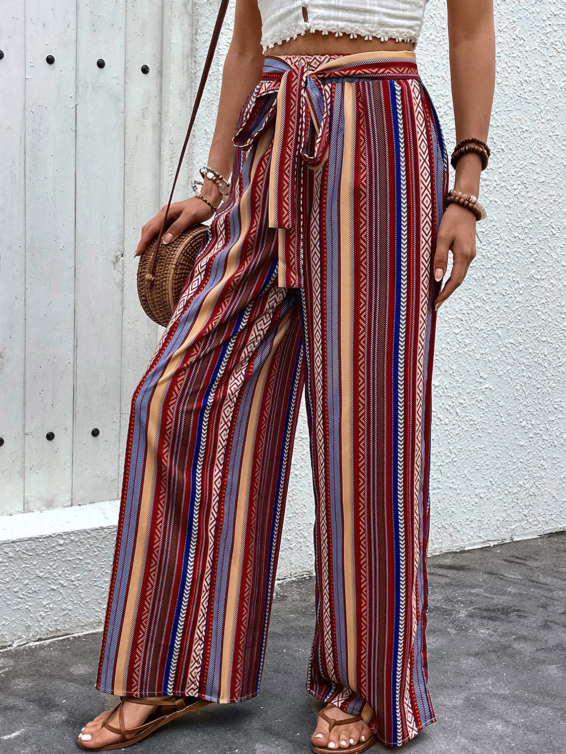 Boho Bae Tied Geometric Wide Leg Pants