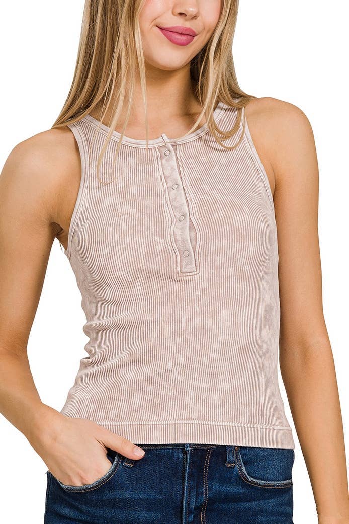 Washed Ribbed Button -up Tank Top