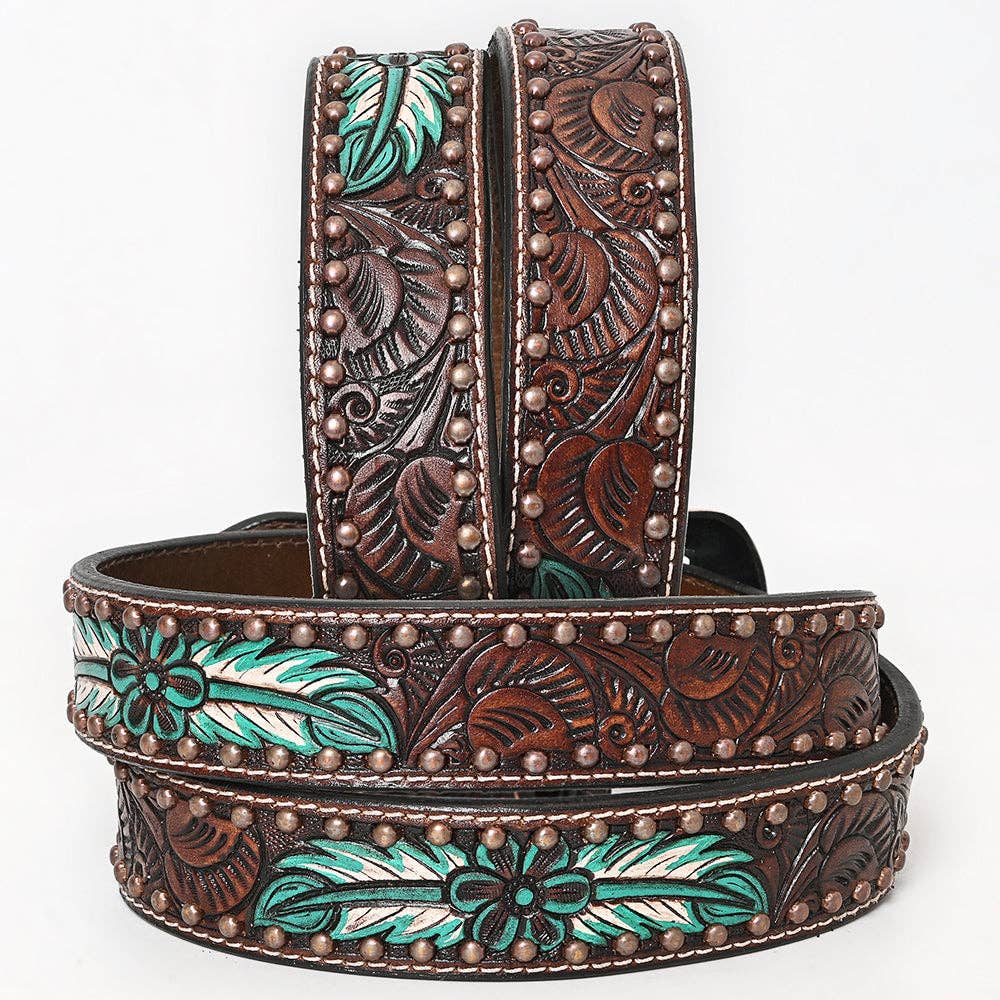 Brown Natural Floral Hand Painted Carved Fashion Premium Leather Belt Unisex Western with Removable Buckle size 40 by BAR H EQUINE