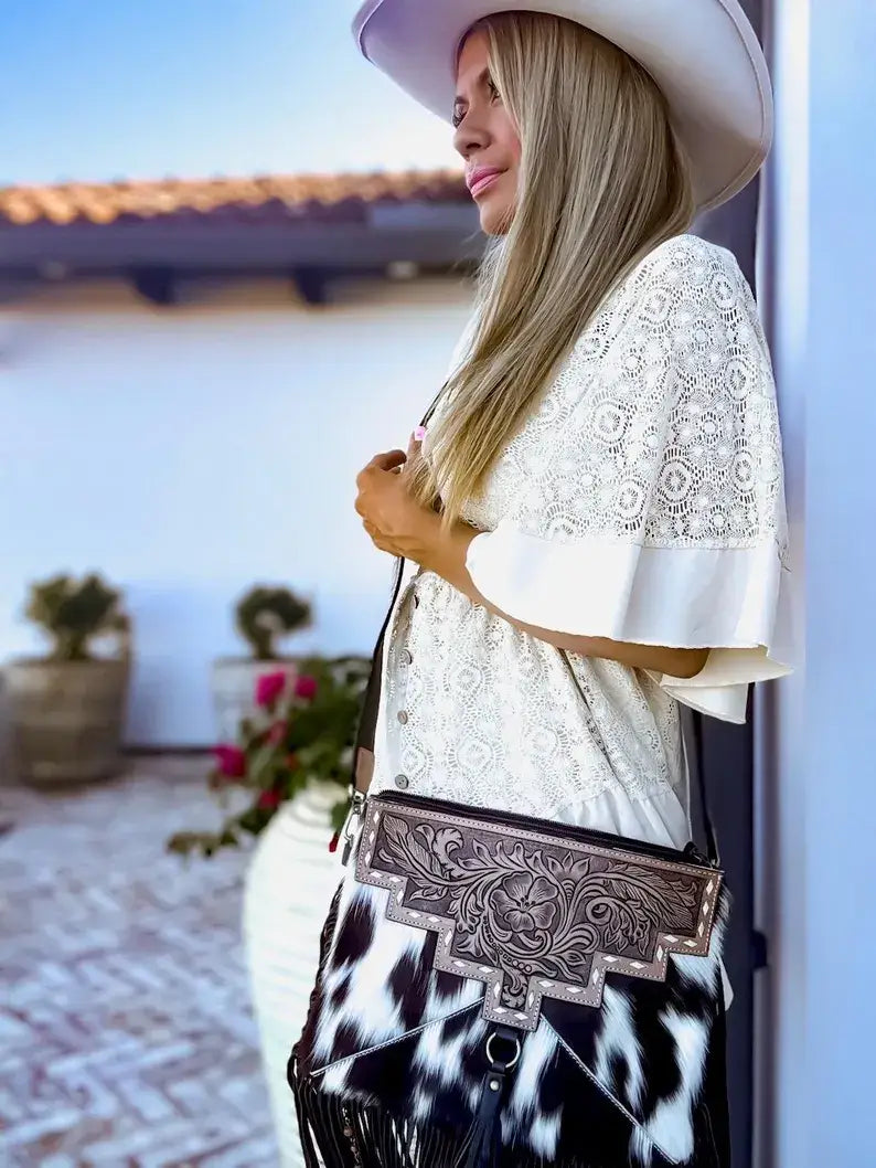 DIXIE CROSSBODY Cowhide Western Tooled Leather Fringe Purse