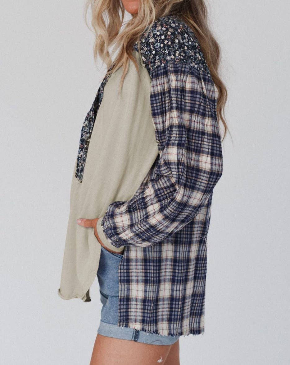 Jessie Floral Plaid Patchwork Raw Edge Top
