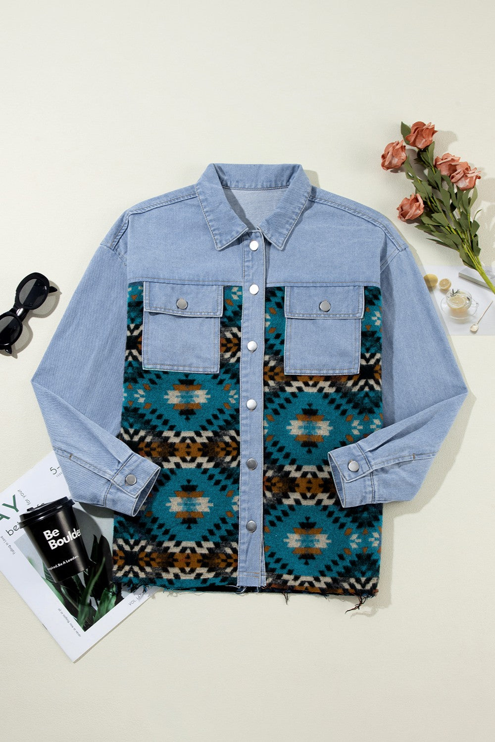 Trail Pocketed Button Up Long Sleeve Denim Jacket