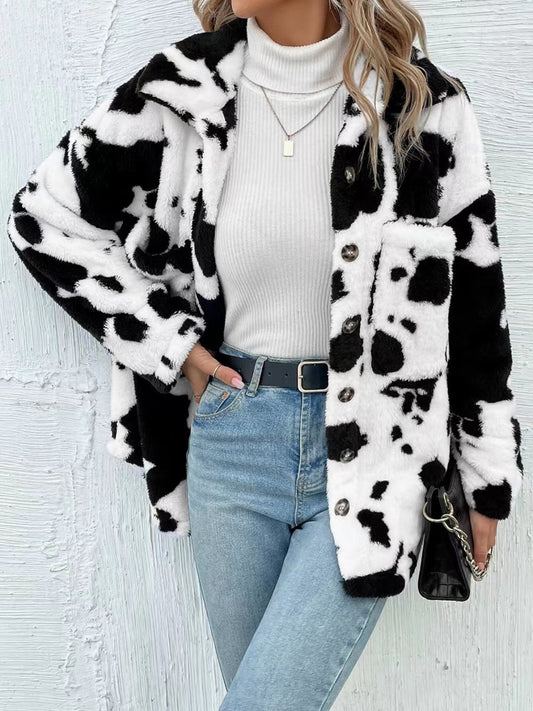 Moody Gurl Cow Print Collared Neck Button Up Fuzzy Jacket