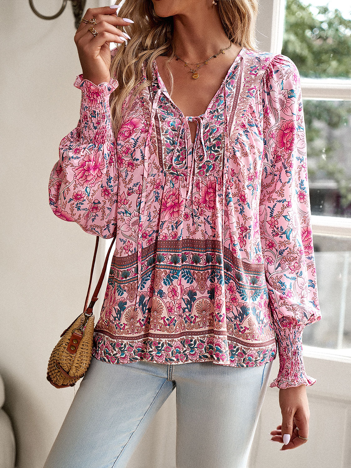 The Devine Bohemian Tie Neck Lantern Sleeve Blouse