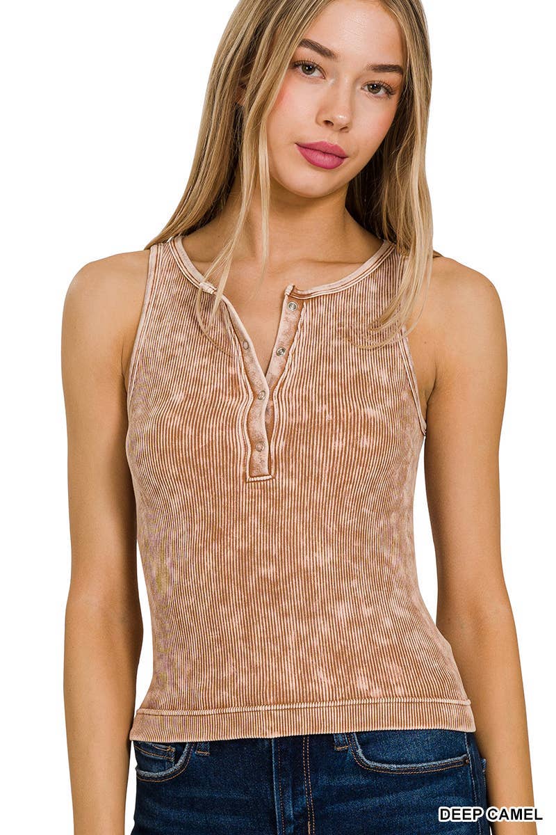 Washed Ribbed Button -up Tank Top