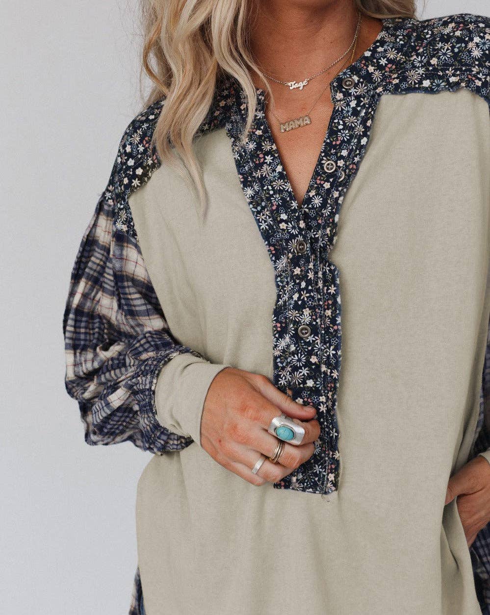 Jessie Floral Plaid Patchwork Raw Edge Top