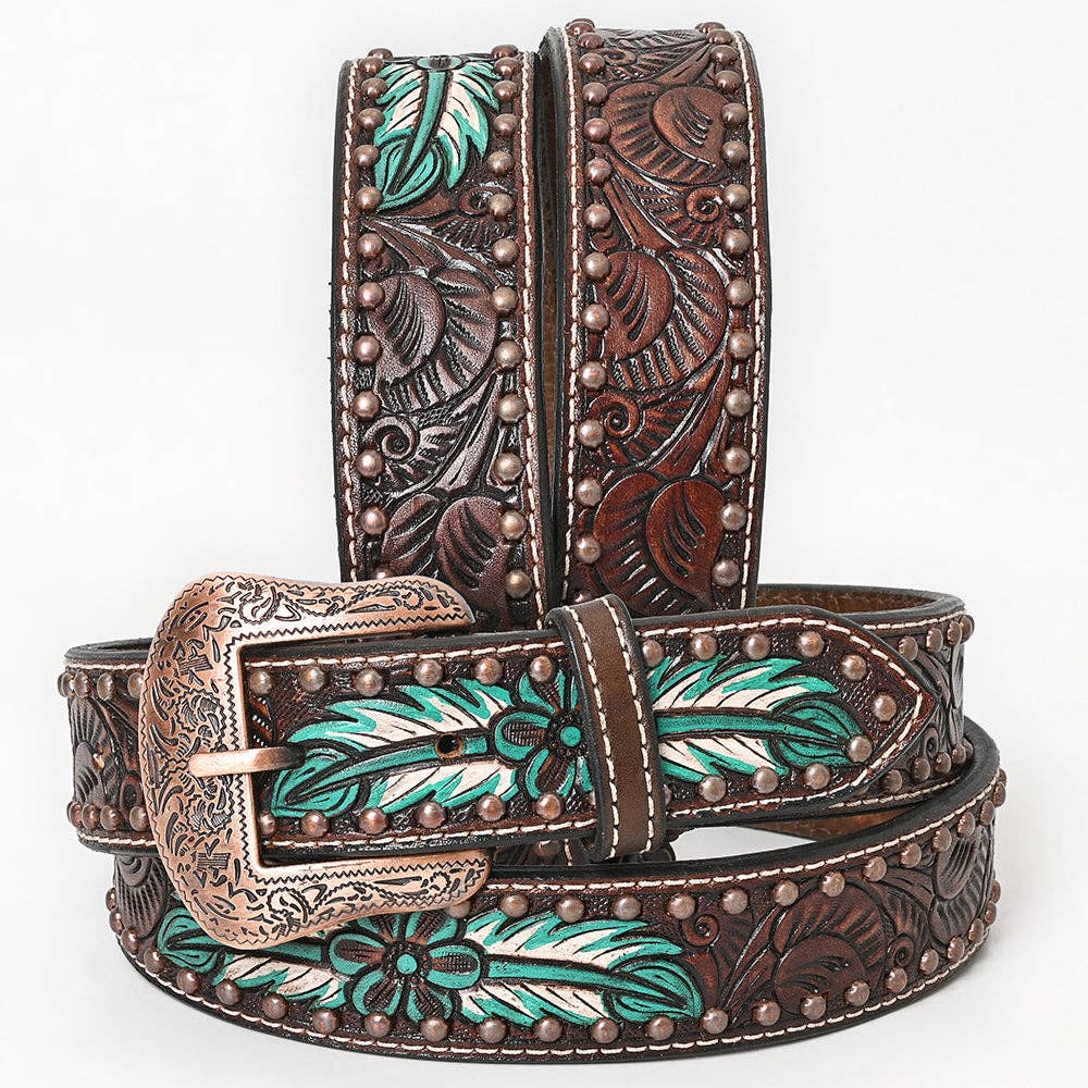Brown Natural Floral Hand Painted Carved Fashion Premium Leather Belt Unisex Western with Removable Buckle size 40 by BAR H EQUINE