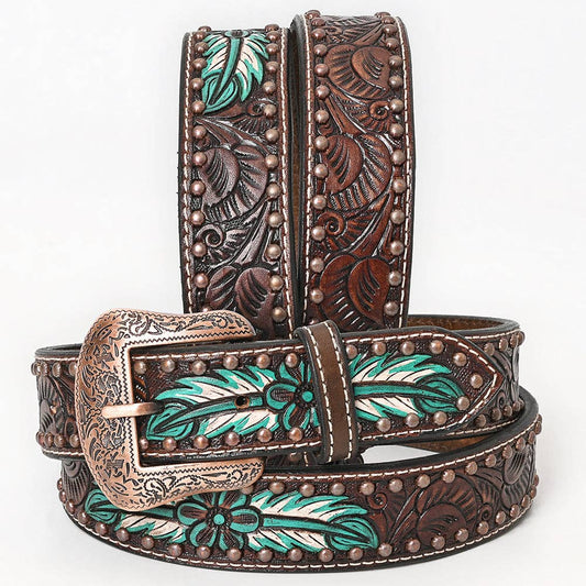 Brown Natural Floral Hand Painted Carved Fashion Premium Leather Belt Unisex Western with Removable Buckle size 40 by BAR H EQUINE