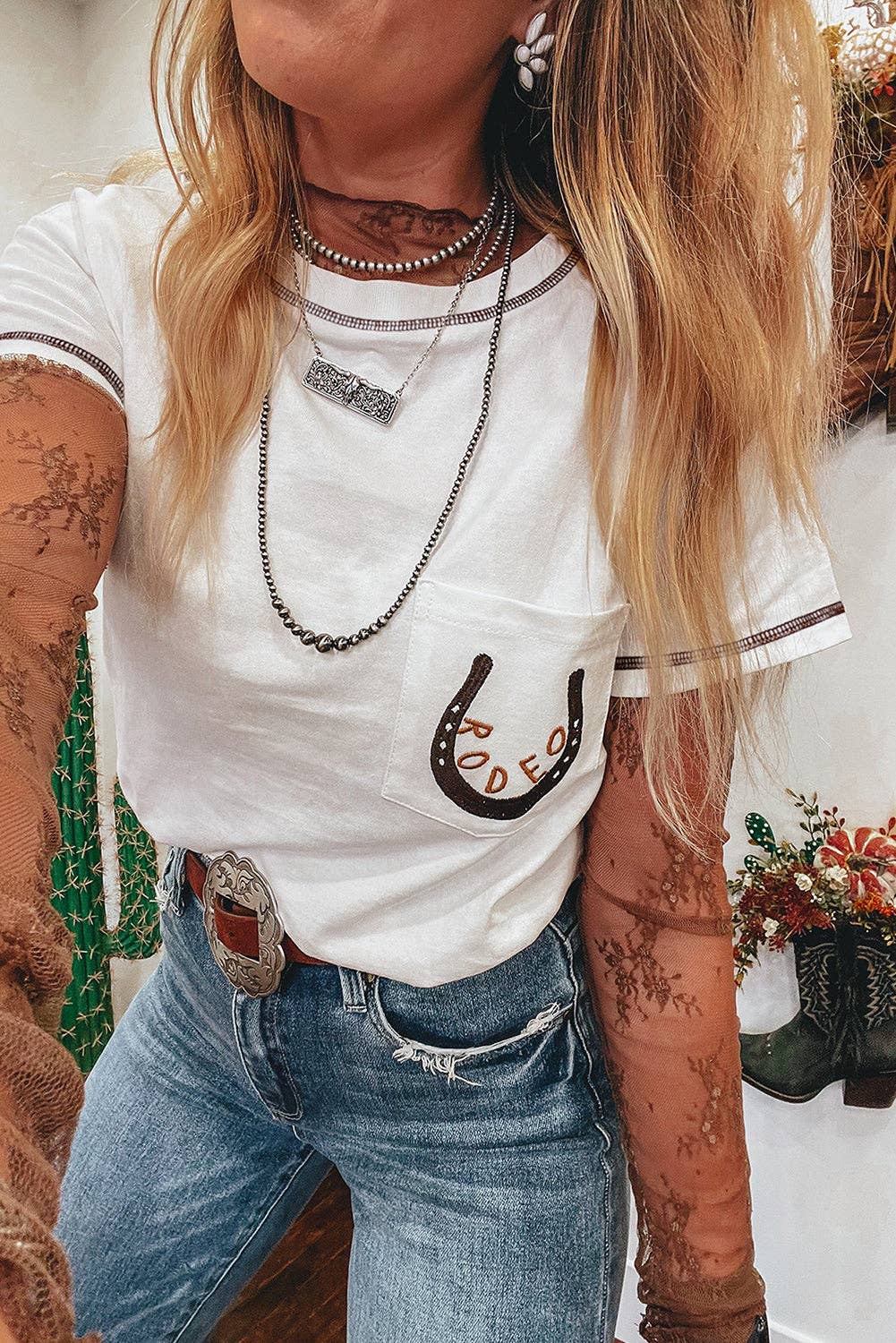 White Classic RODEO Western Patch Pocket T-Shirt