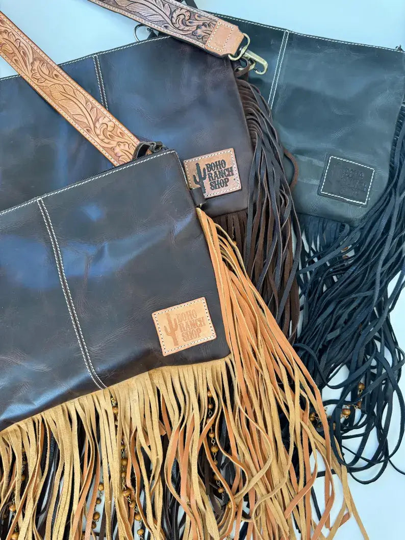 DIXIE CROSSBODY Cowhide Western Tooled Leather Fringe Purse
