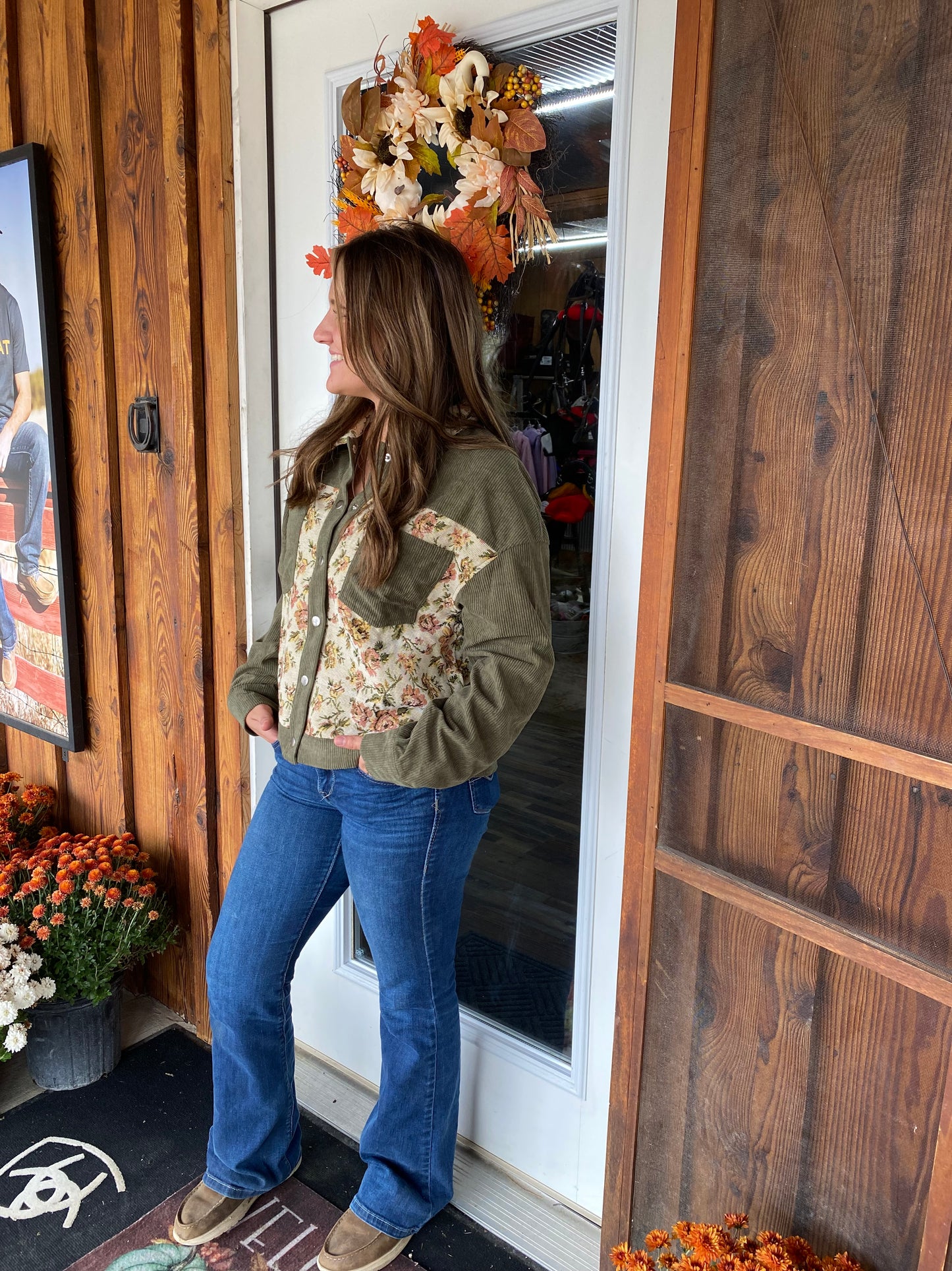 Floral Patchwork Ribbed Corduroy Shirt Jacket