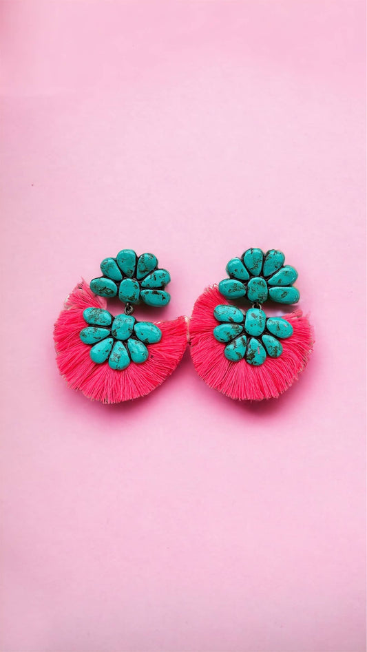 The Abbigails - Turquoise Stone With Neon Pink Fringe Western Handmade Clay