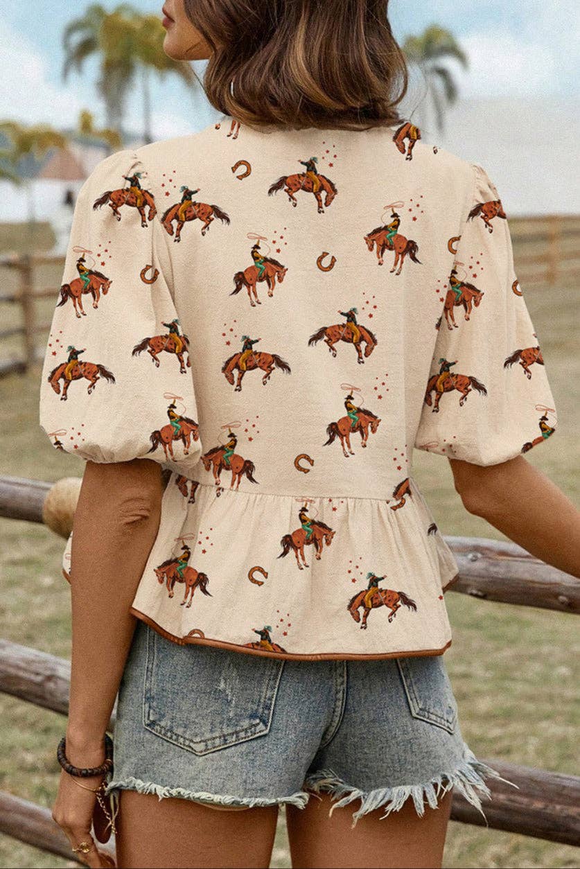 Cowboy Puff Sleeve Fall Blouse