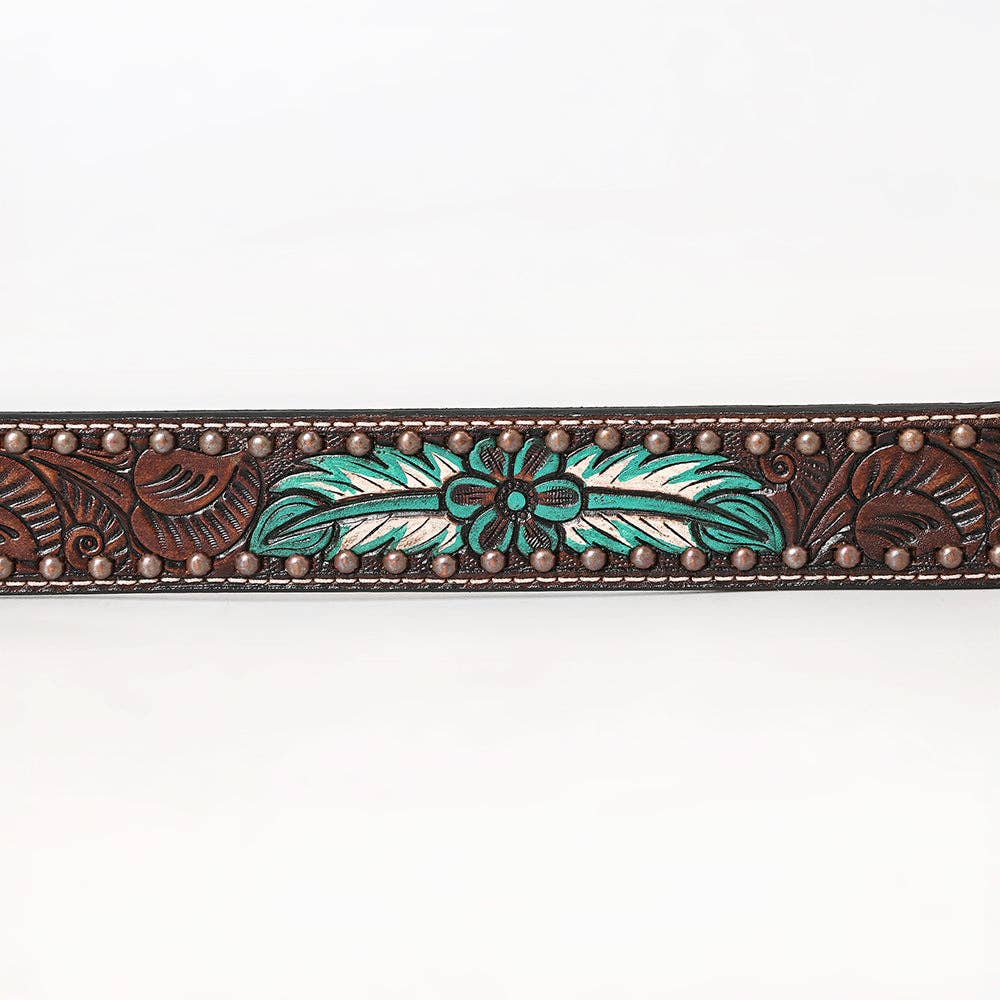 Brown Natural Floral Hand Painted Carved Fashion Premium Leather Belt Unisex Western with Removable Buckle size 40 by BAR H EQUINE