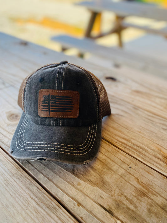 American Flag & Criss Patch Black Hat with Brown Mesh