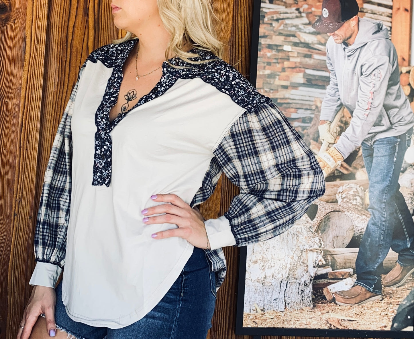 Jessie Floral Plaid Patchwork Raw Edge Top