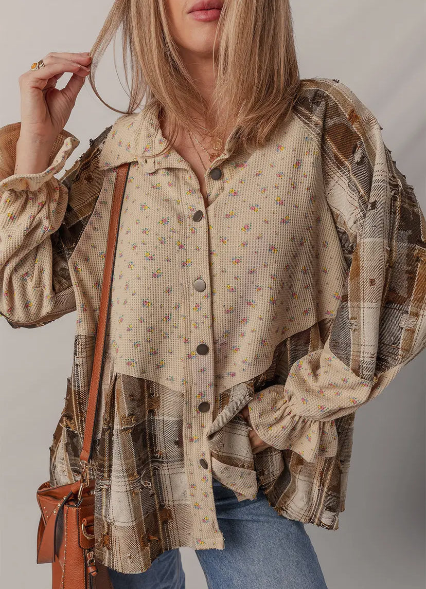 The Ruth Boho Button Up Floral & Plaid Patch Work Blouse
