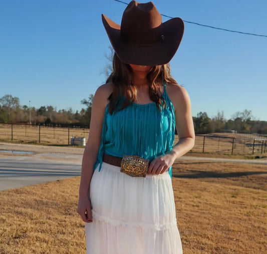 Criss Cross Spaghetti Strap Fringe Tank Turquoise