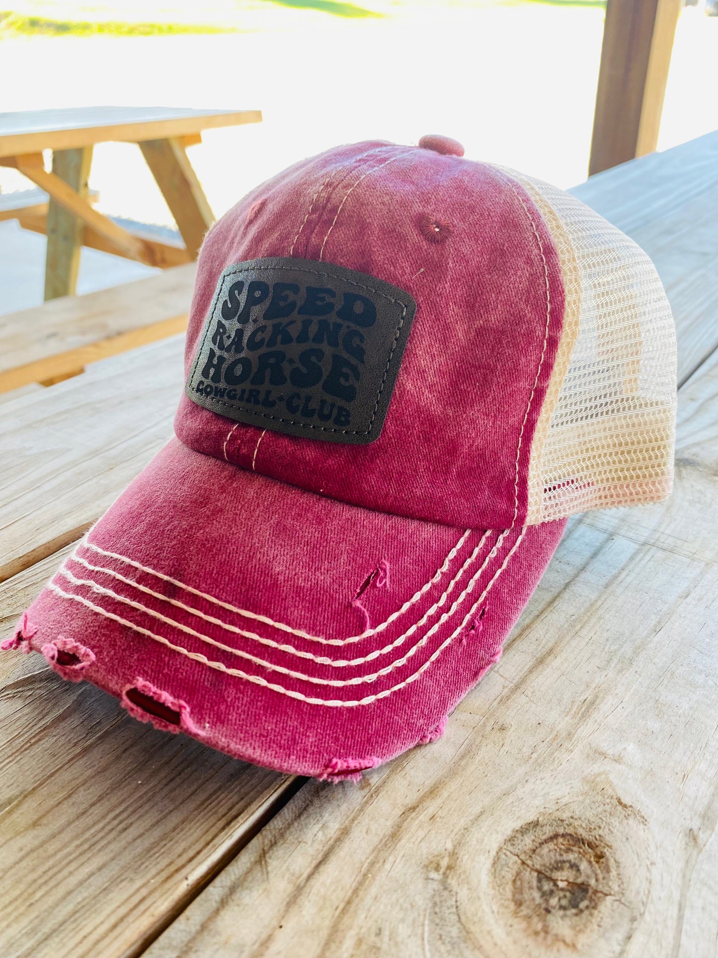 SPEED RACKING Vintage Maroon Distressed Hat with Beige Mesh