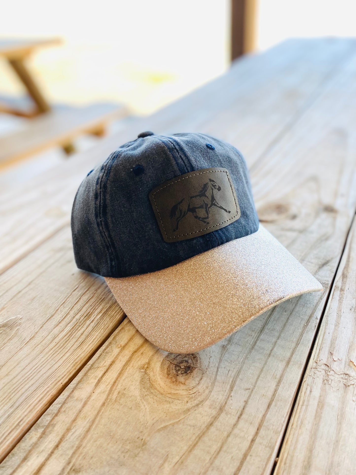Pacing Horse Patch Navy Hat with Silver Glitter Bill