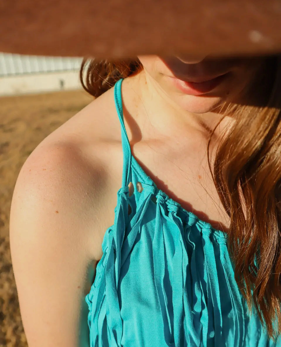 Criss Cross Spaghetti Strap Fringe Tank Turquoise