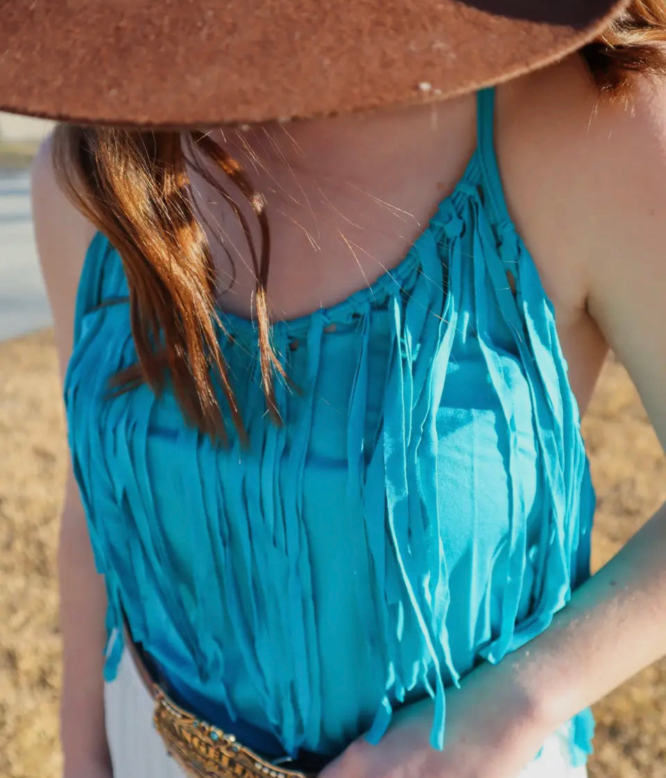 Criss Cross Spaghetti Strap Fringe Tank Turquoise