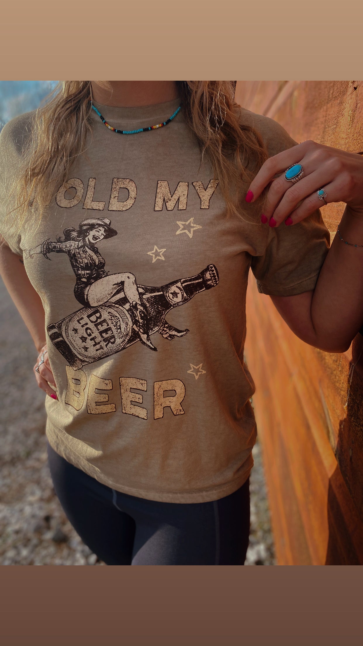 Hold My Beer Cowgirl Vintage Graphic S/S Lunar Dye Tee Tan 