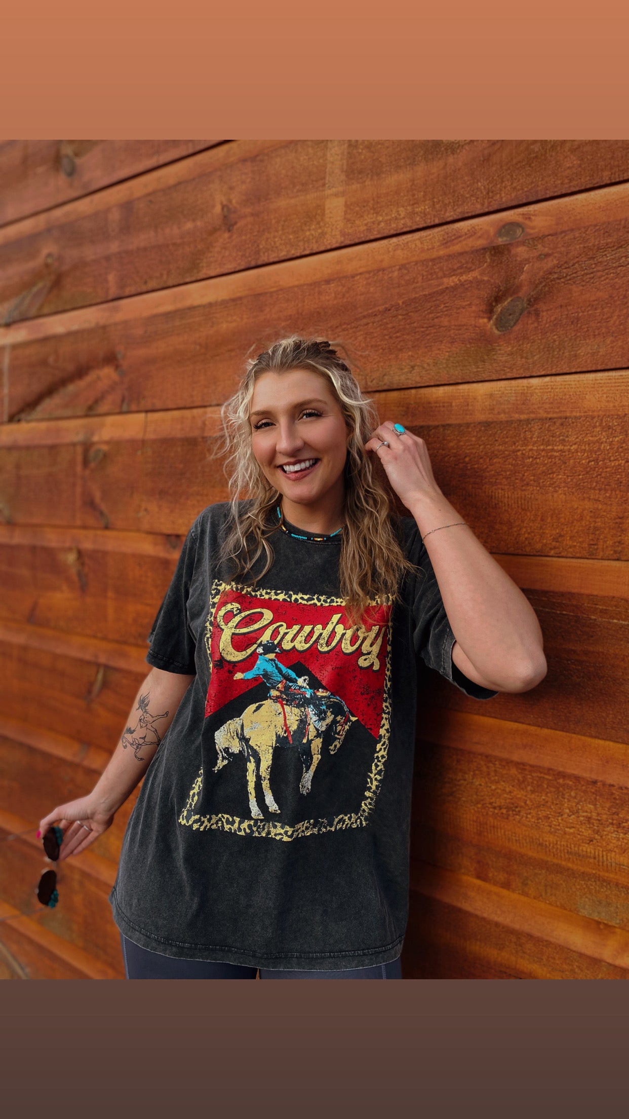 Cowboy Leopard Frame Graphic Washed Boyfriend Tee