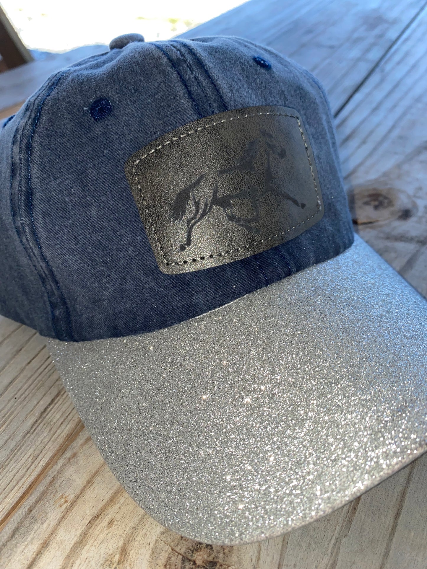 Pacing Horse Patch Navy Hat with Silver Glitter Bill
